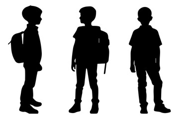 Set of silhouettes of school boys on transparent background