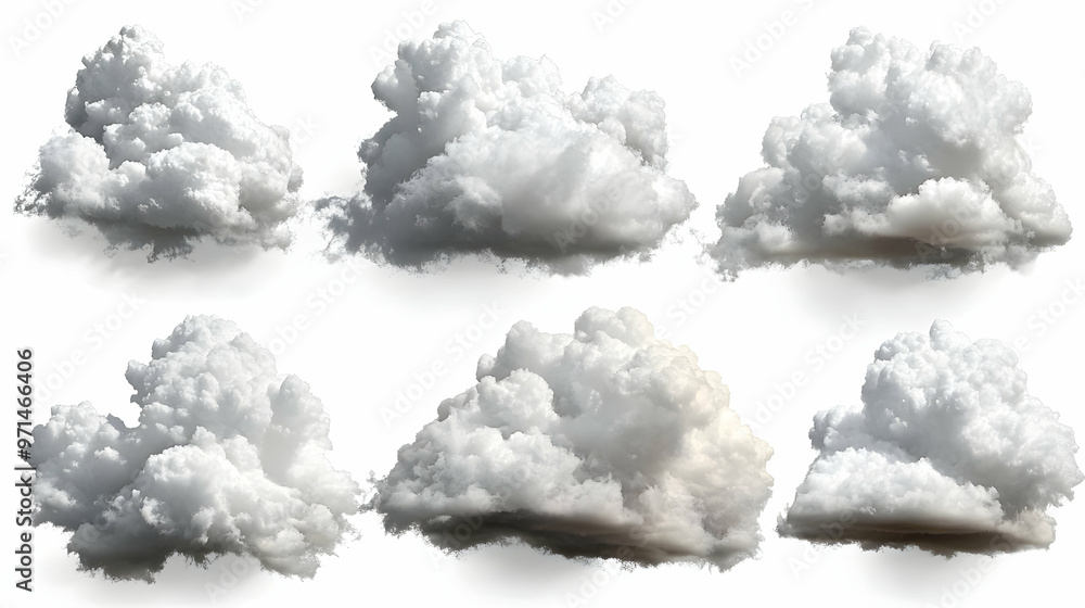 Poster a collection of fluffy, white clouds in various shapes and sizes.