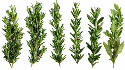 A collection of fresh herb sprigs, showcasing various types of rosemary and sage.