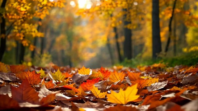 Exploring a serene autumn forest path covered with vibrant fallen leaves in the afternoon light