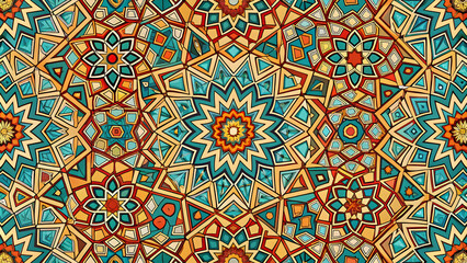 Vibrant geometric pattern with intricate details, featuring a symmetrical design and bold colors.