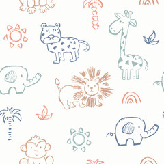 Vector seamless pattern with cartoon safari jungle animals lion, elephant, giraffe, monkey. Hand draw cute animals in sketch style. Doodle style line art.
