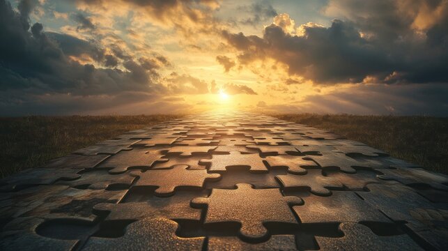 A path made of jigsaw puzzle pieces leads into a bright horizon, symbolizing piecing together a new future.