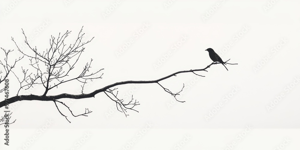 Poster solitude in nature - lone bird perched on bare tree branch | minimalist concept of serenity and peac