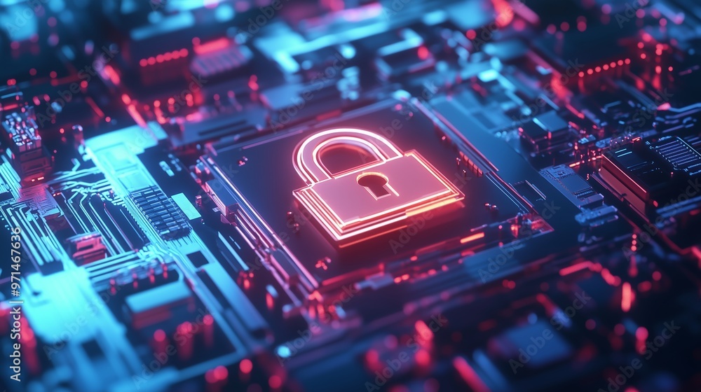 Poster digital lock symbol glowing on a circuit board in a futuristic setting, representing cybersecurity a