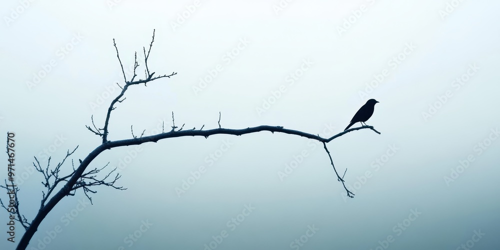 Poster tranquil solitude - single bird perched on barren tree branch in minimalist nature setting