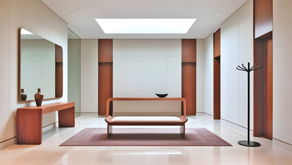 Modern luxury art gallery closed space lobby area with natural light, wooden furniture, long bench and mirror