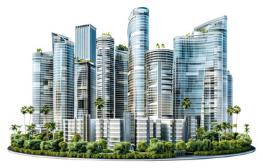 Obraz premium PNG Modern skyscrapers with lush greenery