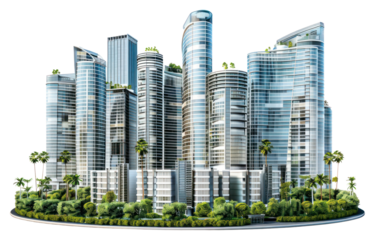 PNG Modern skyscrapers with lush greenery
