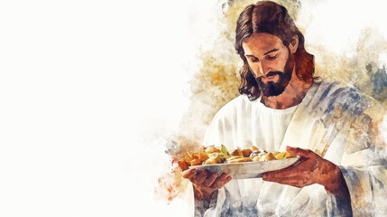 Jesus feeding the five thousand with loaves and fish, illustrated in watercolor style on a pure white background.