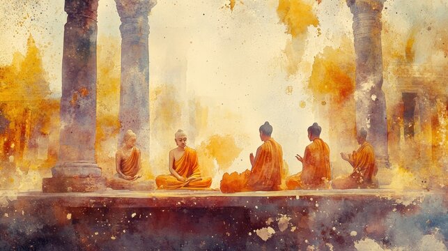 The Buddha’s first sermon at Sarnath, with the Buddha teaching the five ascetics in ancient ruins and soft, warm light, depicted in watercolor style.