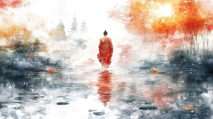 Fototapeta premium The Buddha’s miraculous walking on water, with the Buddha crossing a serene lake in a calm, reflective environment, illustrated in watercolor style.