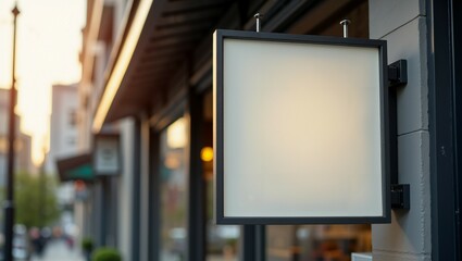 Fototapeta premium Blank rectangular store Signboard Hanging Front of restaurant Entrance in City Street