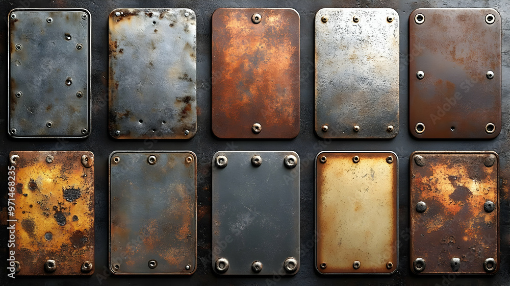 Poster a collection of metallic plates with various textures and colors, showcasing wear and rust.