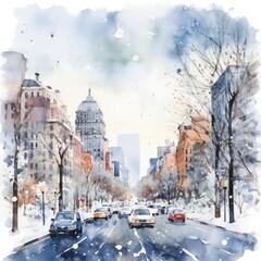 Winter Urban Street Scene Watercolor - Snowy Cityscape with Buildings, Trees