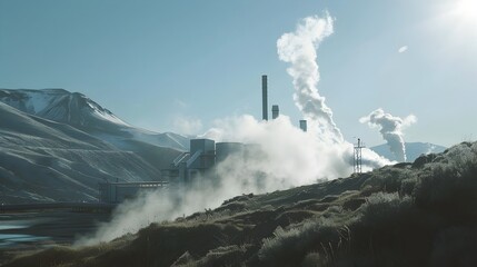 Fototapeta premium Renewable Geothermal Power Plant in Scenic Mountain Landscape
