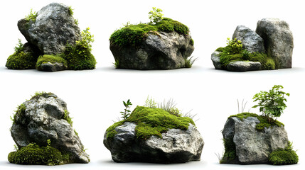 A collection of moss-covered rocks in various shapes and sizes.
