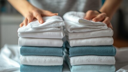 Neatly folded towels organized on a table in a cozy home setting during afternoon preparations for laundry day