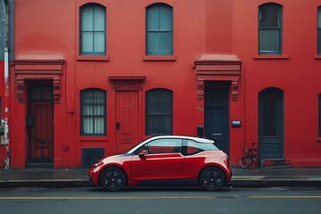 A red electric car parked on a quiet city street with a minimalist urban environment