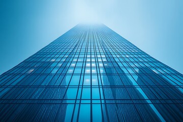 Fototapeta premium Sleek modern skyscraper against a clear blue sky, minimalist architecture