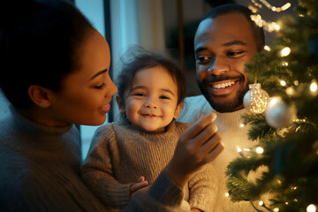 Happy African-American family decorating Christmas tree in living room, copy space