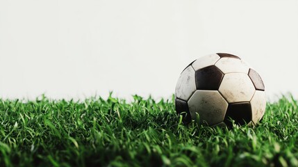 Obraz premium soccer ball real still life photo, on a green soccer field, closeup shot, cut out, isolated on white, on the bottom part of the frame