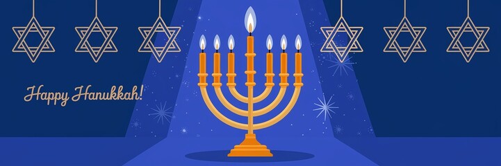 Vibrant Hanukkah Scene with Golden Menorah and Stars of David, widescreen