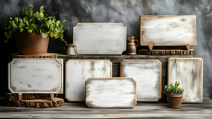 A collection of rustic wooden signs and plants arranged on a wooden surface.