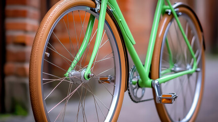 A green bicycle with brown spokes and a red frame, AI