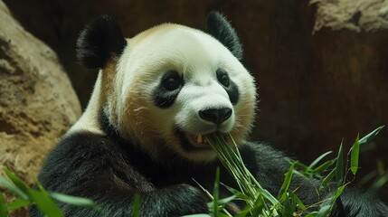 Fototapeta premium A giant panda leisurely eating bamboo while lying down in its zoo enclosure. The pandaaes calm and content expression reflects the peaceful atmosphere