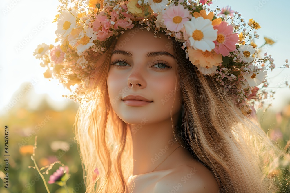 Canvas Prints Beautiful young woman with long blonde hair and a flower crown on her head, standing in a field of flowers, looking off to the side.