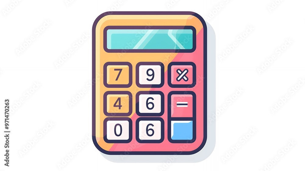 Poster a colorful cartoon calculator with a blue screen and buttons showing numbers and symbols.