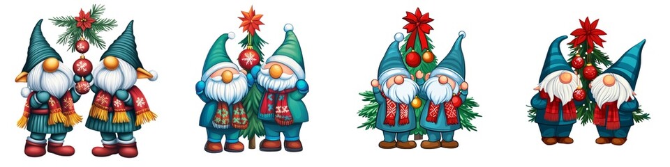 A cheerful collection of whimsical gnomes adorned in festive attire, perfect for holiday decorations and seasonal imagery.