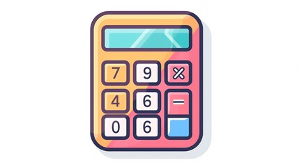A colorful cartoon calculator with a blue screen and buttons showing numbers and symbols.