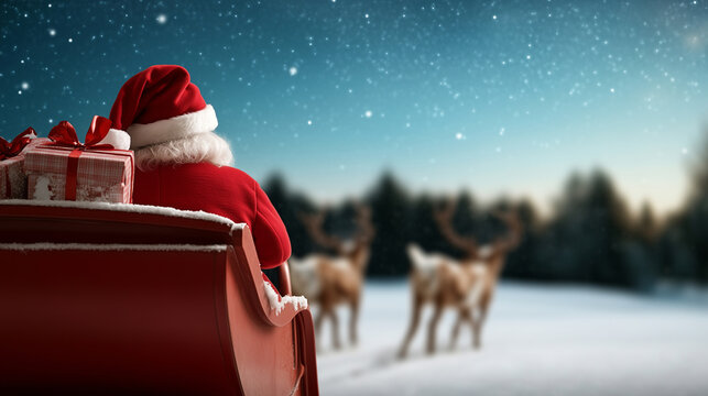 Santa Claus and his reindeer in snowy forest with sleigh of gifts and starry sky, copy space for text
