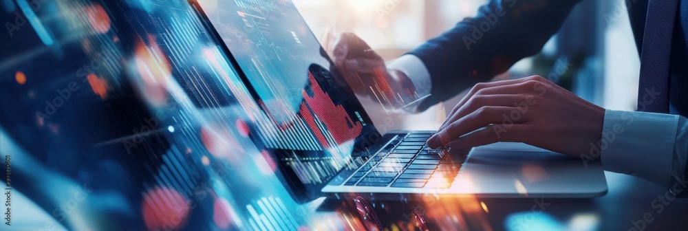 Poster business people using a laptop and tablet to analyze financial data with a graph chart on a virtual 