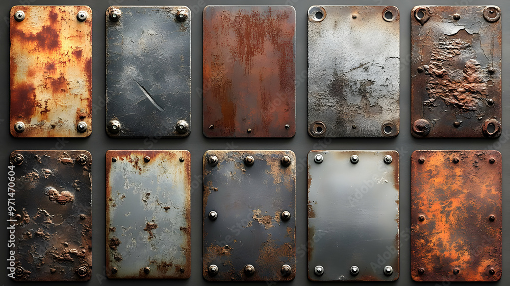 Poster a collection of textured metal plates showcasing various rust and wear patterns.