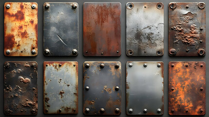 A collection of textured metal plates showcasing various rust and wear patterns.