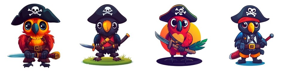 Fototapeta premium A colorful collection of pirate-themed cartoon birds showcasing playful outfits and accessories for fun illustrations.