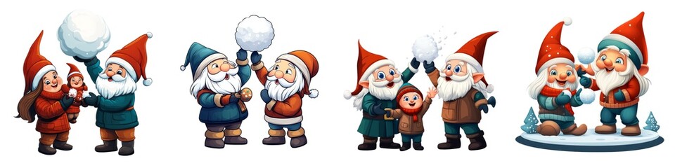 A festive collection of cheerful gnomes enjoying winter activities, perfect for holiday-themed designs and decorations.