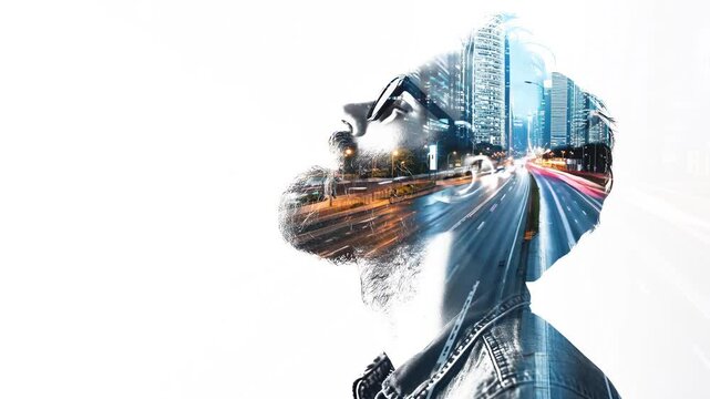 Double exposure of man take deep breath and thinking of busy traffic in downtown.