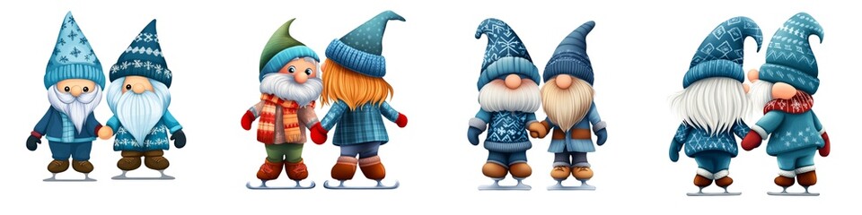 Charming winter gnomes in colorful outfits, showcasing friendship and joy during the festive season. Perfect for holiday themes.