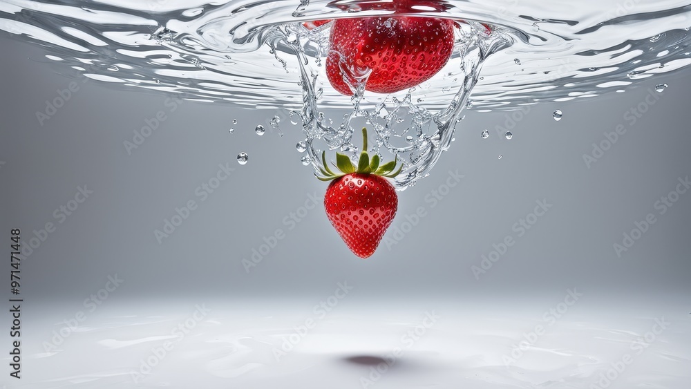 Poster strawberries splashing into water, creating dynamic ripples and bubbles.