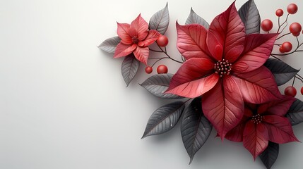 Obraz premium A close-up of a red poinsettia flower with dark green leaves. The flower is in focus and the background is blurred.