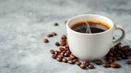 Steaming Cup of Coffee with Roasted Beans