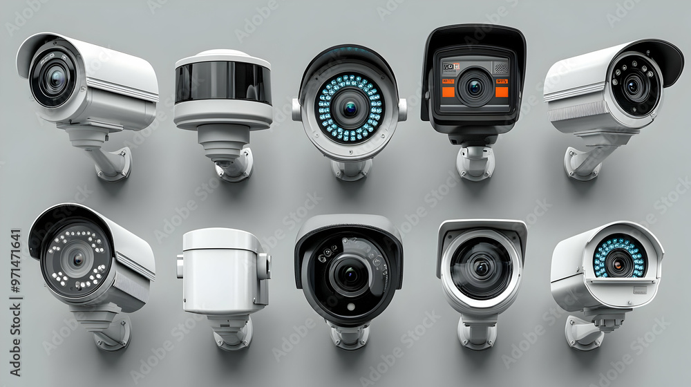 Poster a collection of various surveillance cameras arranged in a grid format.