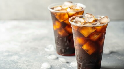 Iced Coffee with Ice Cubes in Plastic Cups