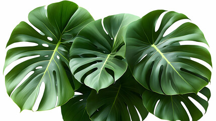 A collection of vibrant green monstera leaves arranged aesthetically.