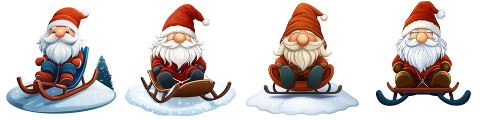 Four cheerful gnomes in red hats enjoying winter activities on sleds, perfect for festive holiday themes and seasonal decorations.