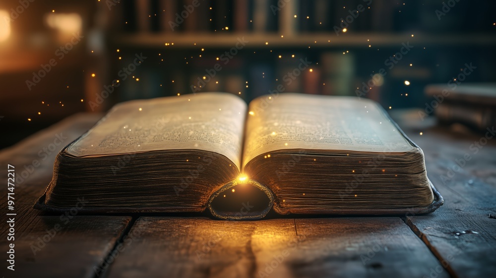 Poster open book on a wooden table with glowing light and floating particles in a cozy library setting duri